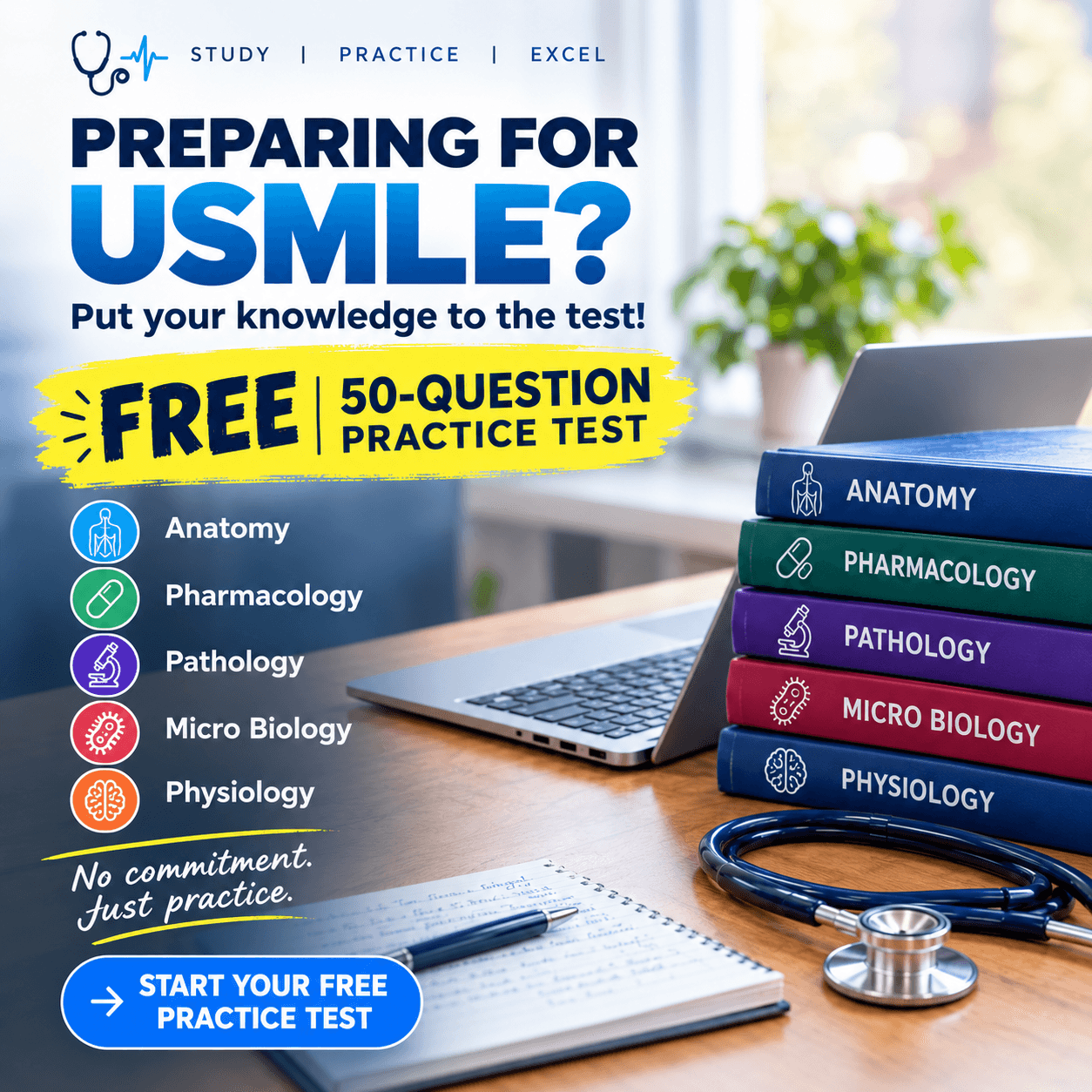 Preparing for USMLE? Free 50-question practice test covering Anatomy, Pharmacology, Pathology, Microbiology and Physiology.